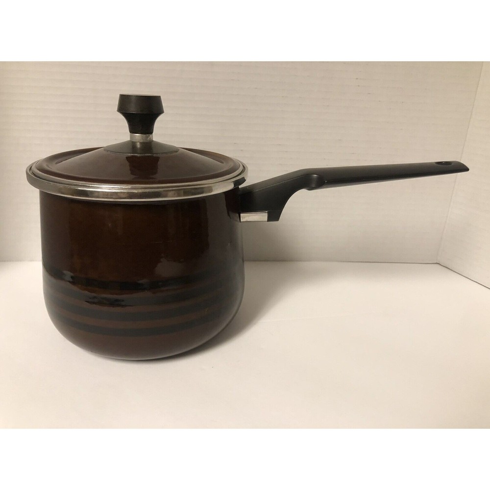 Vtg 60s Danish Modern 2 Qt Pot Brown Enamel Lid Scandia by West Bend Kitschy